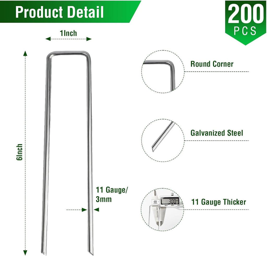 MIXC 200 Pack 6 Inch Landscape Staples for Lawn Yard | 11 Gauge, Galvanized Steel, U Shaped, Anti-rust Coating, Garden