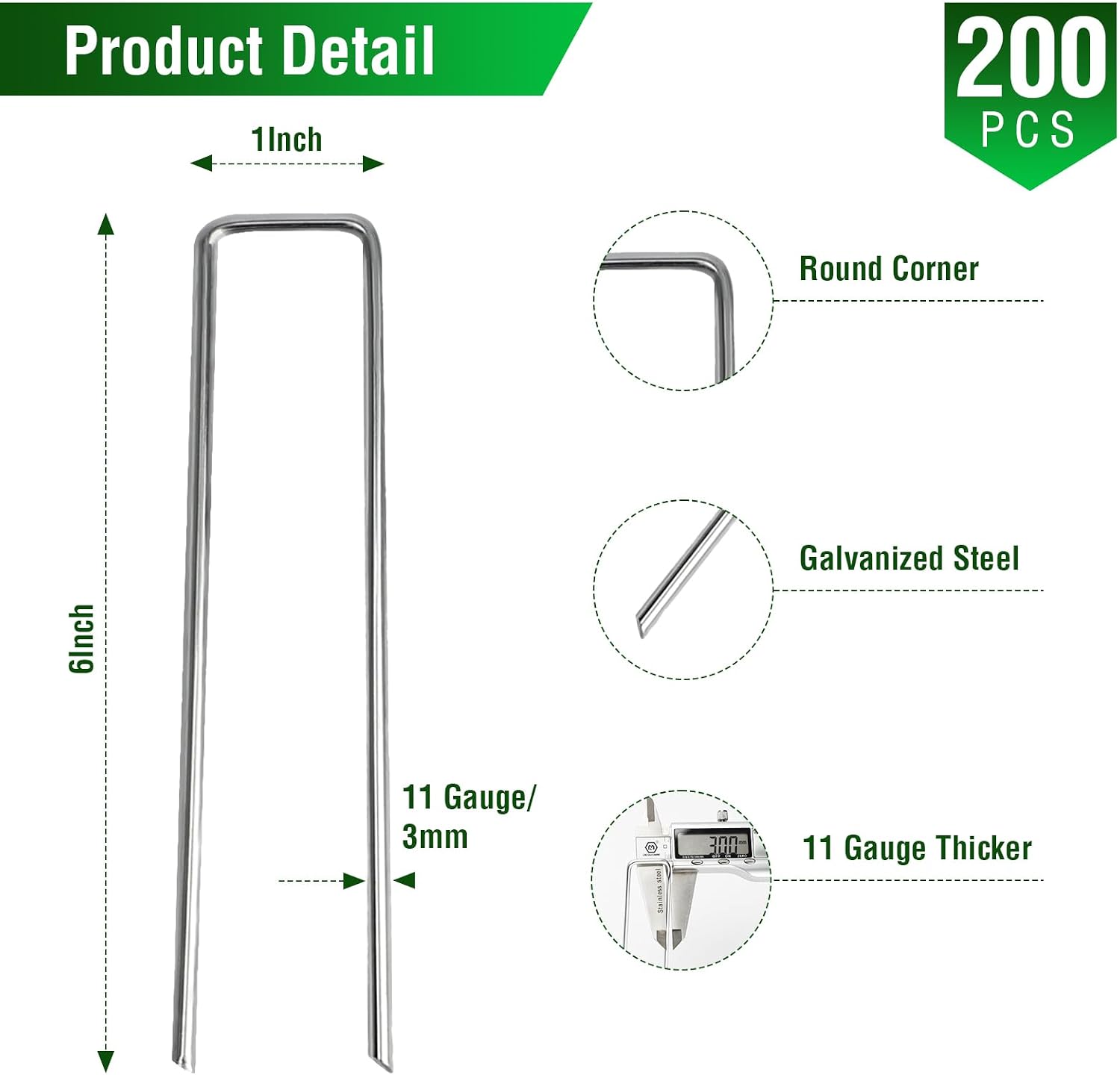 MIXC 200 Pack 6 Inch Landscape Staples for Lawn Yard | 11 Gauge, Galvanized Steel, U Shaped, Anti-rust Coating, Garden