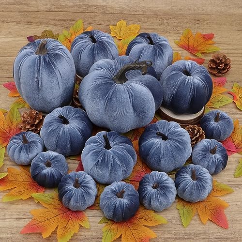 Faux Blue Velvet Pumpkin Artificial Fall Foam Pumpkin Decor 16 Pcs