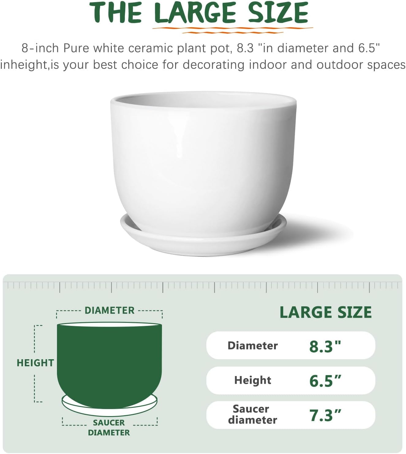 8 Inch Ceramic Planter, Plant Pots with Drainage Hole and Separable Saucer,Indoor-Outdoor Round Succulent Orchid Flower