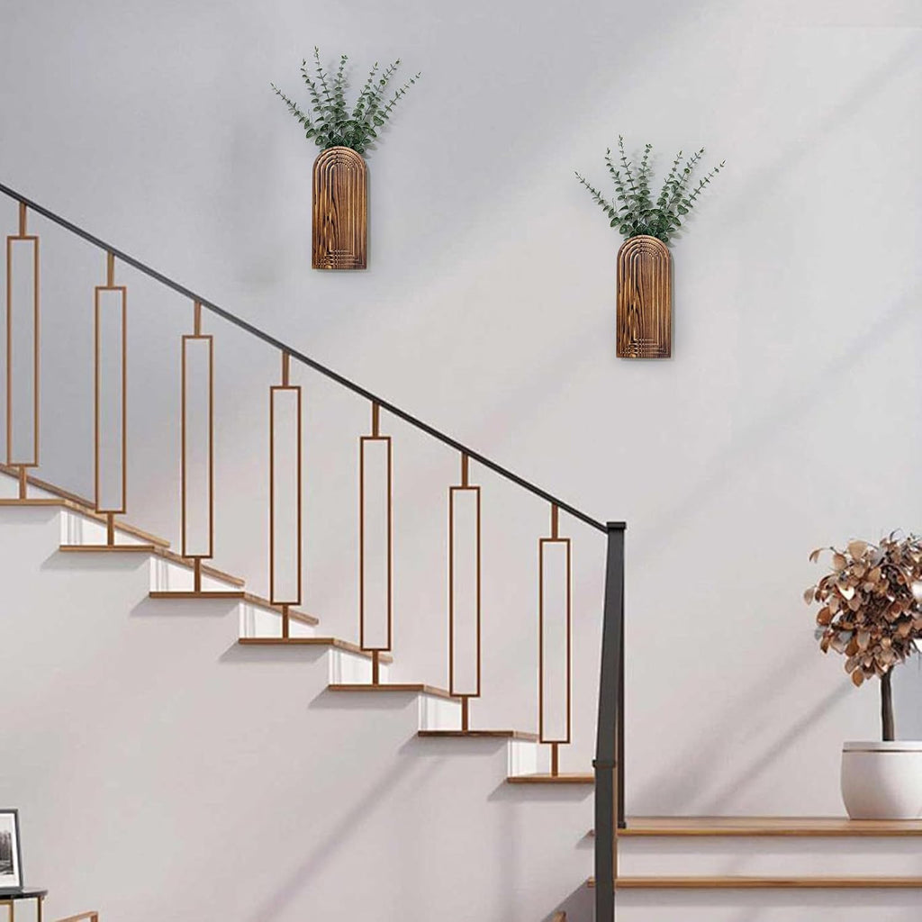 Wooden Wall Planter Vase Set of 2, Boho Hanging Planter for Indoor Plants & Flowers, Natural Wood Wall-Mounted Planters