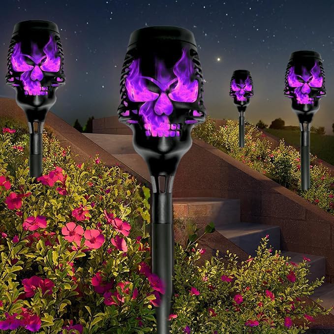 Halloween Solar Skull Stake Lights, Pathway Decor, 8 Pc, Purple