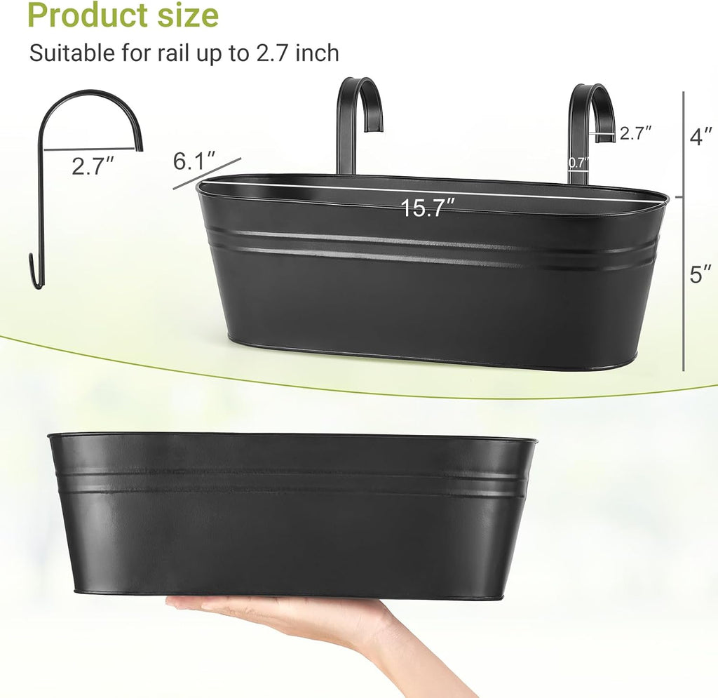 Dahey 15 Inches Railing Planter Box 3 Pcs Metal Hanging Flower Pots, Black | 2.7" Width Detachable Hooks, Outdoor