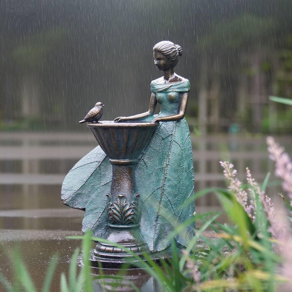 DiliComing Fairy Outdoor Statue Garden Decor with Solar Birdbath 12 Inch | Resin Leaf Girls Birdbath Sculpture