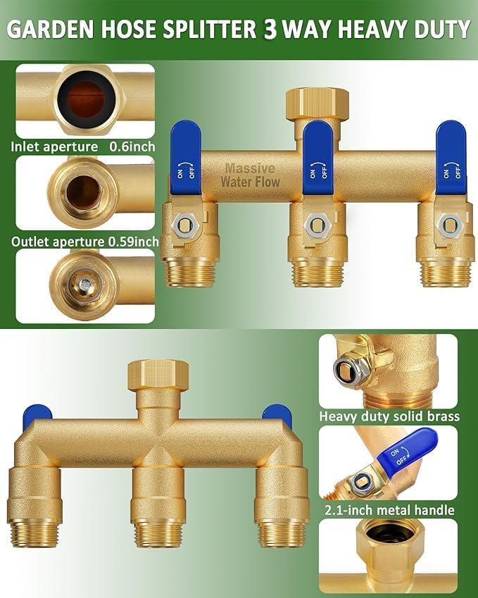 3 Way Hose Splitter, Heavy Duty Full Flow Garden Water Hose Bib Spigot Splitter, Brass Rust and Freeze Resistant