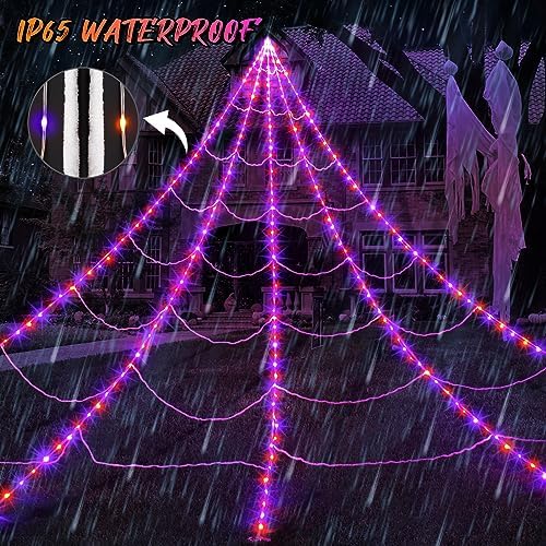 Halloween Spider Web Lights 290 LED Lighted Spider Web Giant 23 Ft Halloween Decorations Light up with 8 Lighting Modes Waterproof & Timer for Outdoor Indoor Yard Haunted House Decor, Purple & Orange