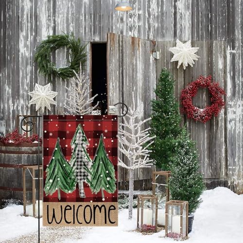 Welcome Red Buffalo Plaid Christmas Trees Garden Flag 12 x 18 Inch Vertical Double Sided Buffalo Plaid Red Holiday Yard Outside Xmas Decor