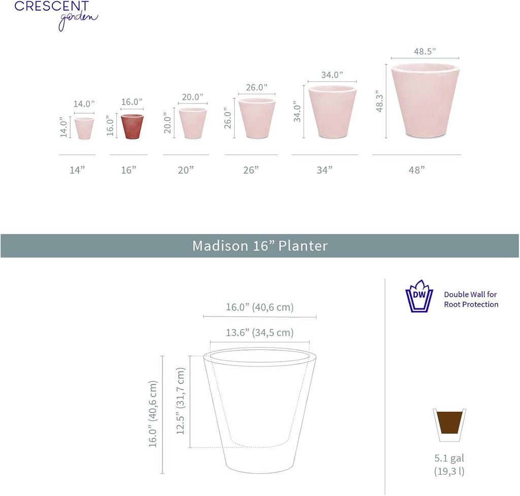 Crescent Garden Madison Planter– Weather-Resistant, Double Walled Indoor/Outdoor Plant Pot with Drain Hole – Durable