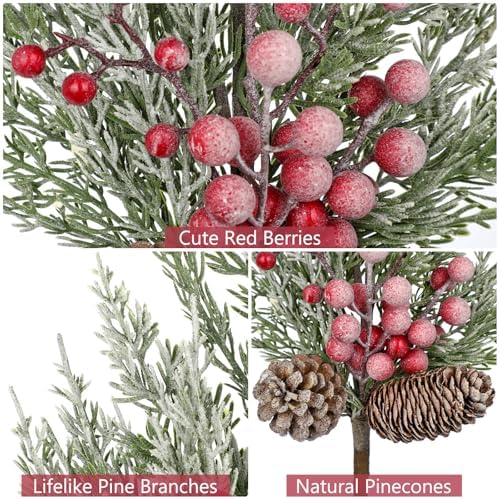 2 Pcs Christmas Artificial Pine Branches 21.2 inch Cedar Pine Stems Christmas Greenery Picks with Red Berries Pinecones Picks Spray Snowy Christmas Tree Branches for Xmas Vase DIY Craft Holiday Decor