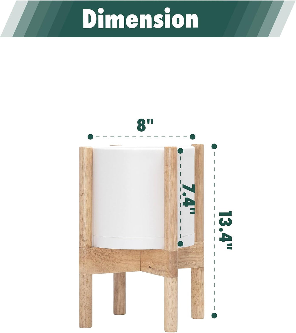 D'vine Dev Plastic Pot with Natural Wood Stand, White, 8 in, 55-C-J-1 | Mid-Century Inspired Design, Elevated Plant