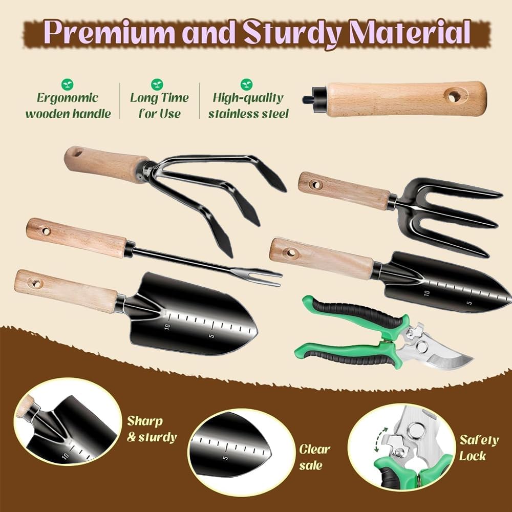 Gardening Hand Tools,14 Pieces Stainless Steel Heavy-Duty Gardening Hand Tools with Delicate Storage Bag, Aprons and