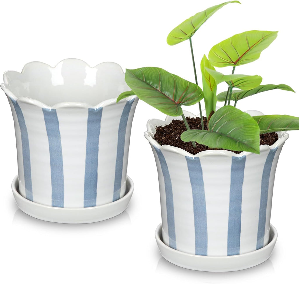 Ceramic Plant Pots, 5.8 Inch Planter Pot with Drainage Hole and Sauser, Stripe Ceramic Planters with Floral Edge for