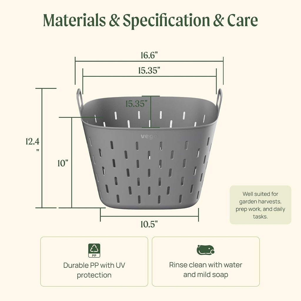 Vego FlexTrug Tub for Indoor, Outdoor Gardening Strainer Basket for Harvest, Rinse and Garden Use- 8 Gallon, Fog Gray