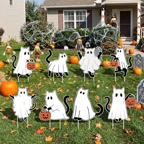 Rngmsi Halloween Yard Decorations Outdoor, 8PCS Halloween Outdoor Ghost Cat Yard Lawn Stakes, Cat Pumpkin Lawn Sign with Stakes Waterproof Halloween Garden Stakes for Outside Scary Spooky Decor