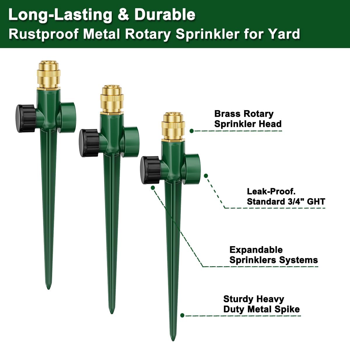 FANHAO 3-Pack Heavy-Duty Metal Lawn Sprinkler for Yard, 360° Adjustable Garden Water Sprinkler with Spike Base, Large