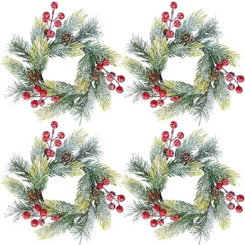 Winlyn 4 Pcs Artificial Snowy Pine and Berry Candle Rings Spruce Pine Candle Wreaths with Pinecones Christmas Pillar Candle Rings 9.6" for Holiday Season Winter Wedding Mantel Door Table Centerpiece