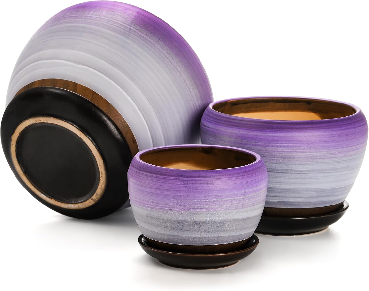 SOUJOY Set of 3 Ceramic Flower Pots, Gardening Plant Pot with Drainage Holes and Saucer, 7/5/4 inch Purple Round