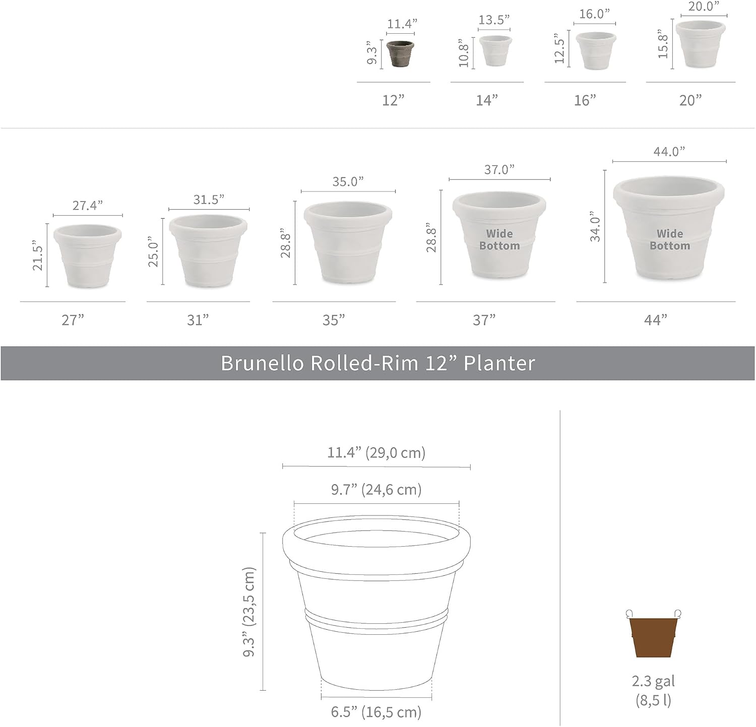Crescent Garden Brunello Small Classic Planter, Indoor/Outdoor Weather-Safe Round Plant Pot, Small Resin Houseplant Pot