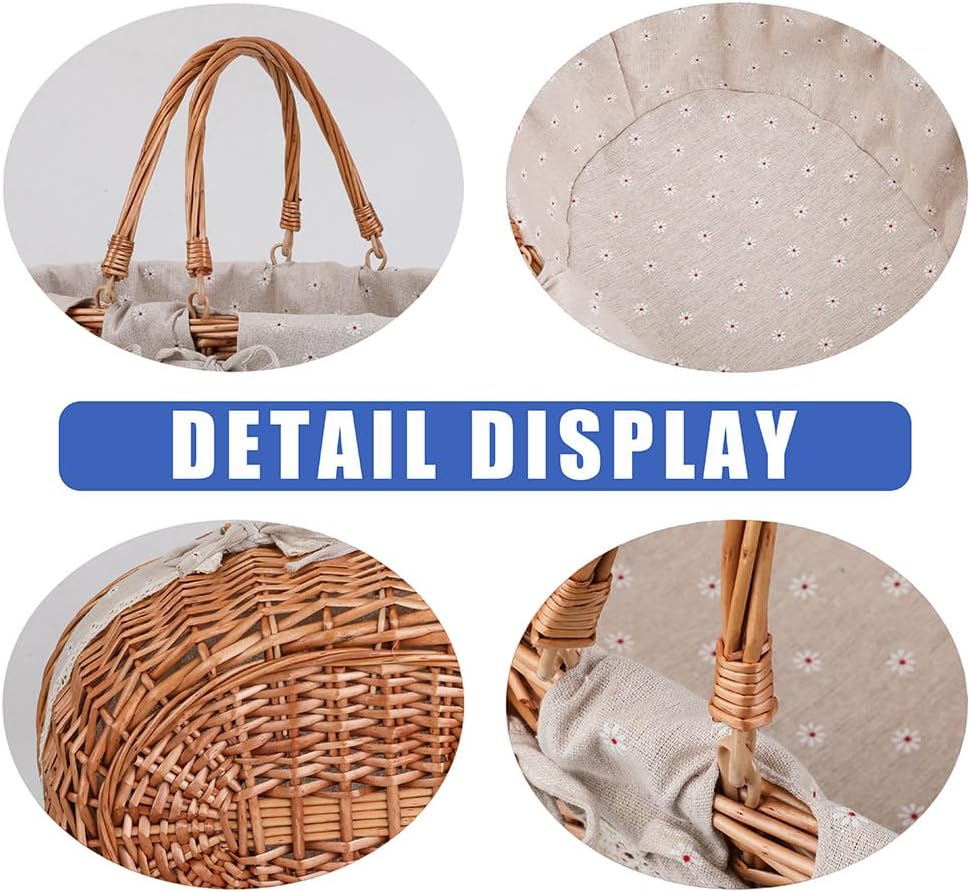 Large Wicker Woven Picnic Basket w/Handle for Camping & Harvest | White Floral Lining, Removable & Washable; Ideal for