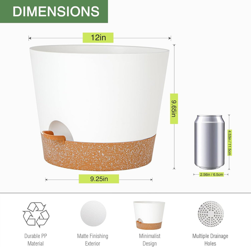 SwinDuck 12inch Large Self Watering Plant Pot, Plastic Cylinder Planter with 60Oz Deep Reservoir and Saucer for Indoor