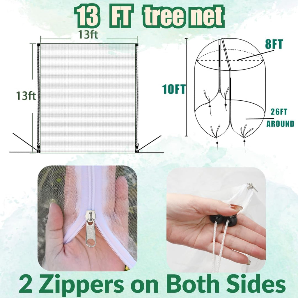 1 Pack 13x13ft Extra Large Fruit Tree Netting with Double Zipper & Double Drawstring, Heavy Duty Bird Netting for Fruit