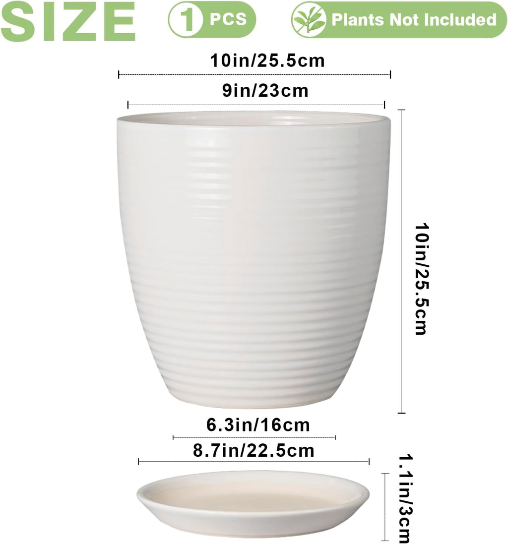 10 Inch Ceramic Planter Pot - Large Plant Pot with Drainage Hole and Saucer, Modern Round Flower Pots for Indoor