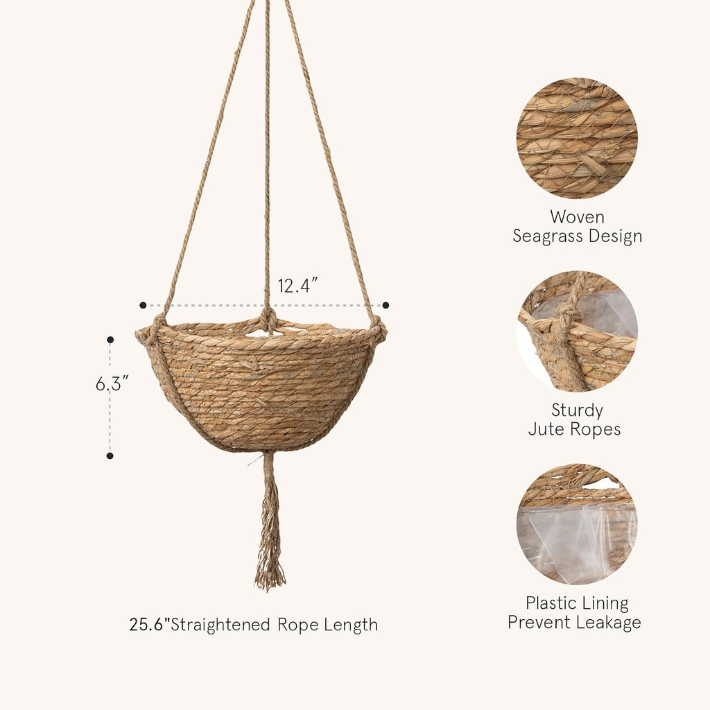 Natural Seagrass Hanging Planter Basket Set, Indoor Plant Pots, Boho Decor Plant Pot Cover, 12.4 (D) 6.3 (H) Inch, Pack