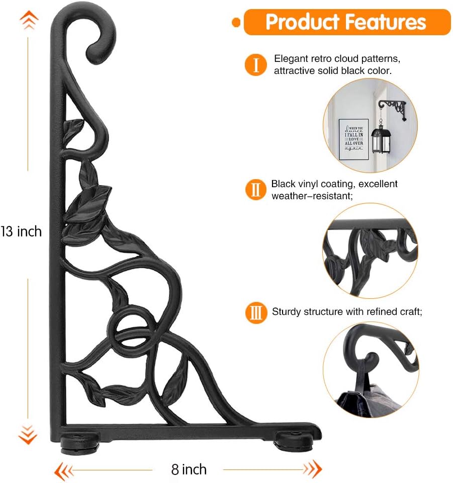 KABB Heavy Duty Hanging Plant Brackets, 2pcs 13" Hand Forged Iron Wall Mount Bracket Durable Rust-Resistant Plant