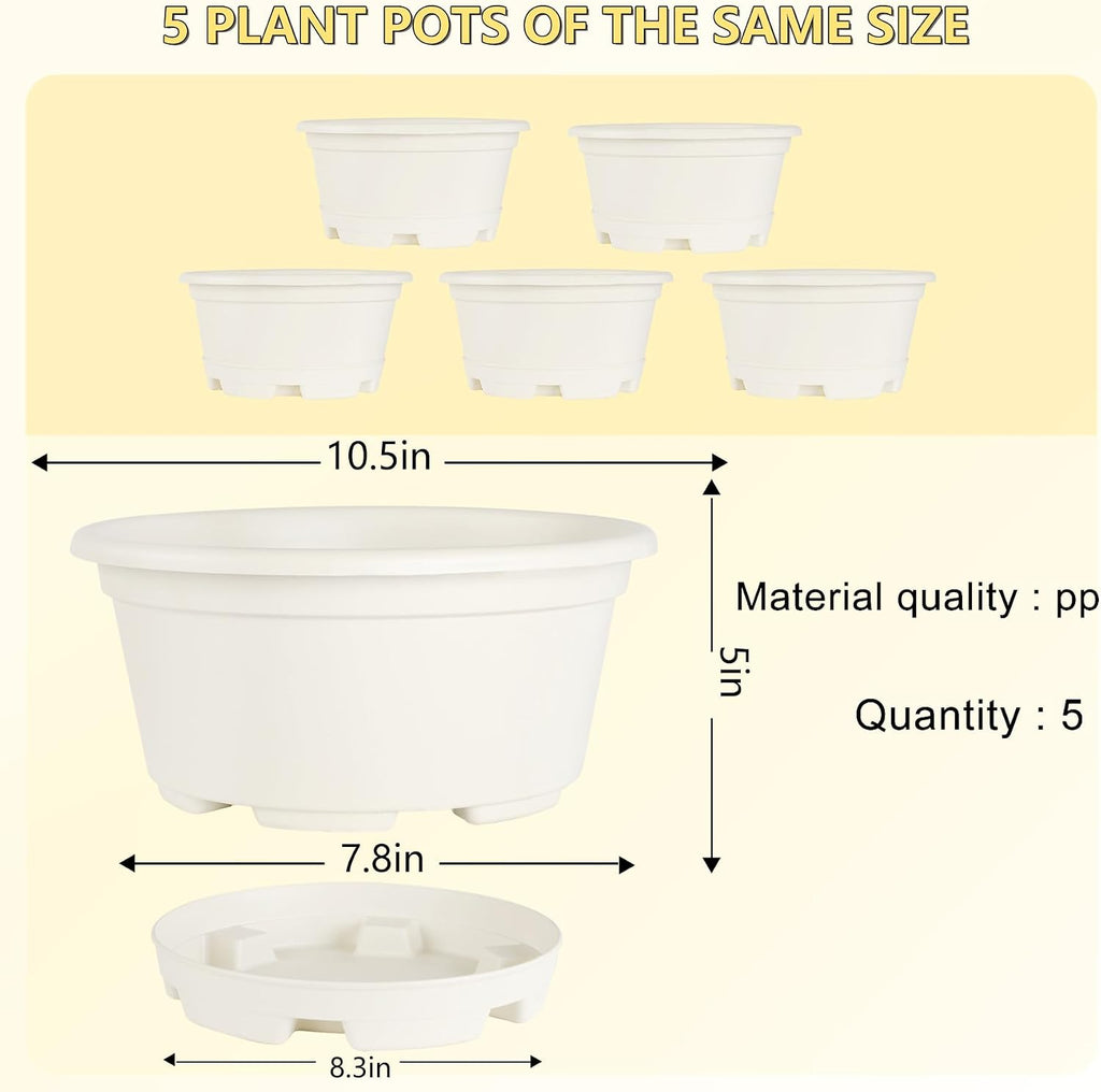 KPUVX 5 Pack 10.5 inch Plant Pots, Plastic Flower Pot | Indoor Outdoor Plants, Drainage Holes & Trays, Decorative