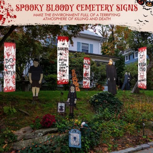 Mindsoft 4 Pcs Halloween Banners, Horror Warning Messages,Red Warning