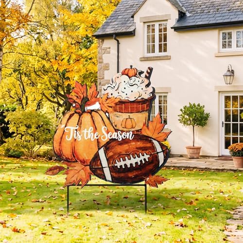 Weysat Fall Football Outdoor Decor Metal Yard Sign, Pumpkin Coffee Stakes
