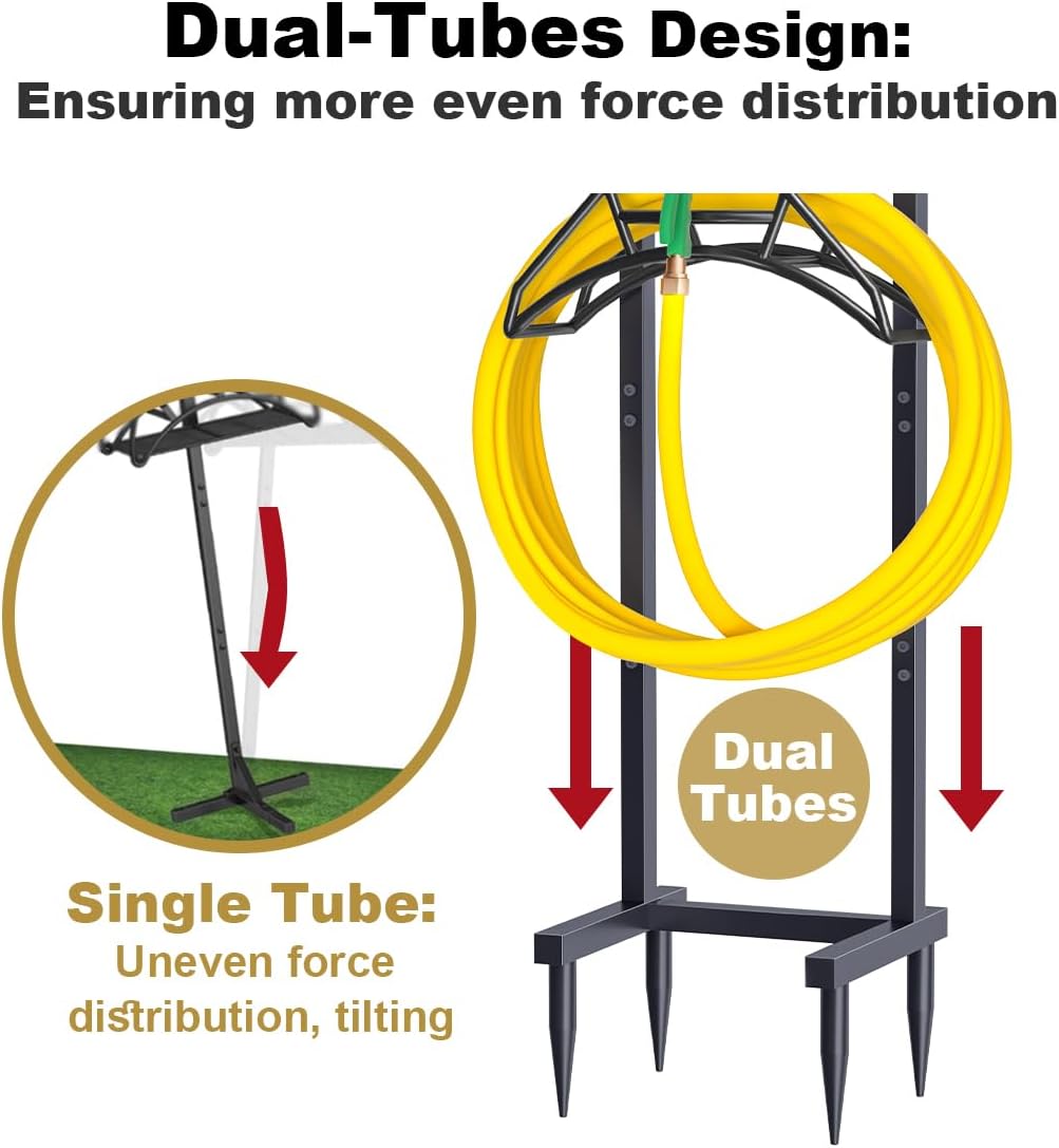 Outdoor Garden Hose Holder Freestanding with 4 Spikes, Heavy Duty Metal Water Hose Reel Stand Hanger Rack Organizer