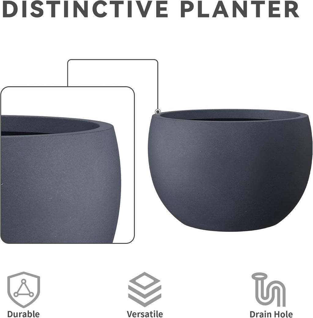 Kante Set of 3 Charcoal Concrete Bowl Planters 20" 15.7" 11.8" Dia | Drainage for Outdoor, Rubber Plug for Indoor Home