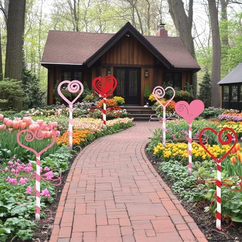 6 Pcs 14.6" Valentine's Day Metal Yard Stakes Large Metal Heart Garden Stakes Red Pink Planter Sign for Valentines Day Flower Pot Porch Patio Walkway Lawn Outdoor Decoration