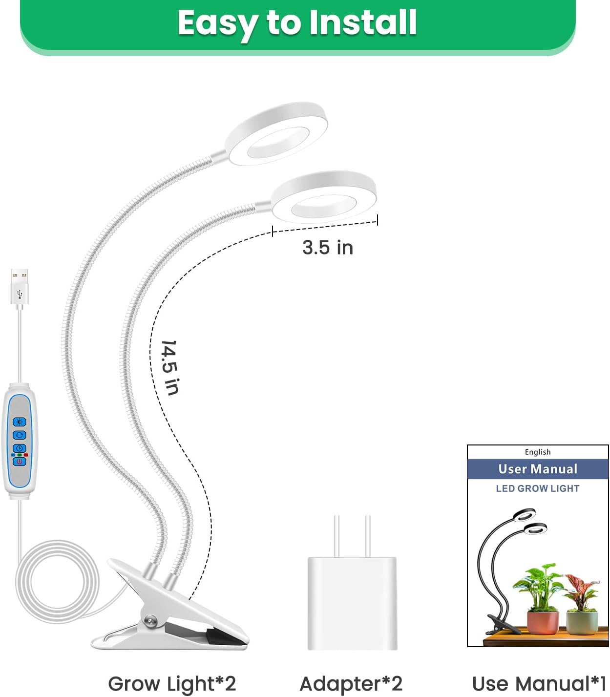 Wiaxulay Plant Grow Light Indoor Growing, 3.5in Clip Full Spectrum 2 Pack | 192 LEDs Halo Plant Lights 6000K+660nm