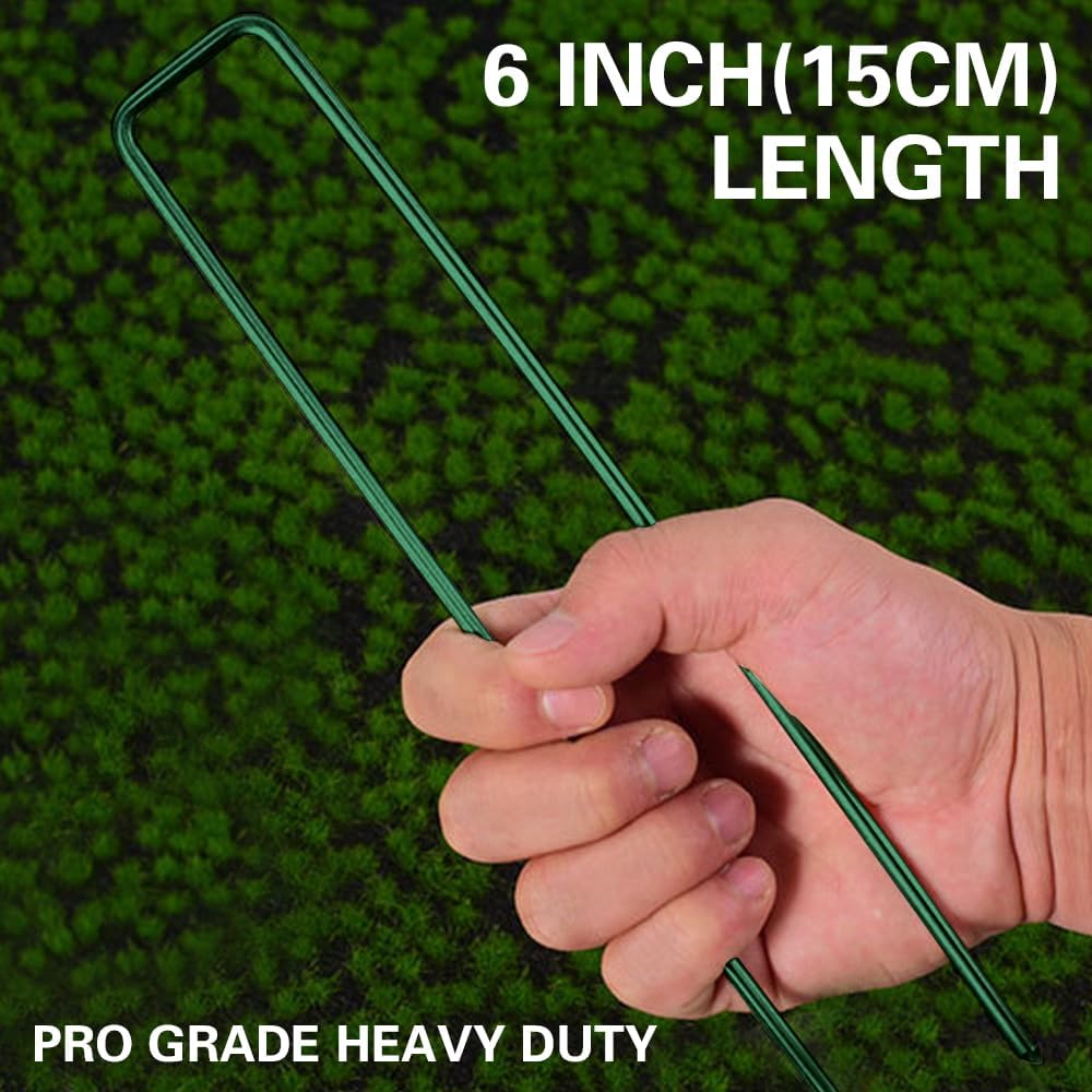 Bakulyor 100Pcs Green Landscape Staples 6 Inch Garden Artificial Turf Stakes Staples, 11 Gauge Lawn Galvanized Ground