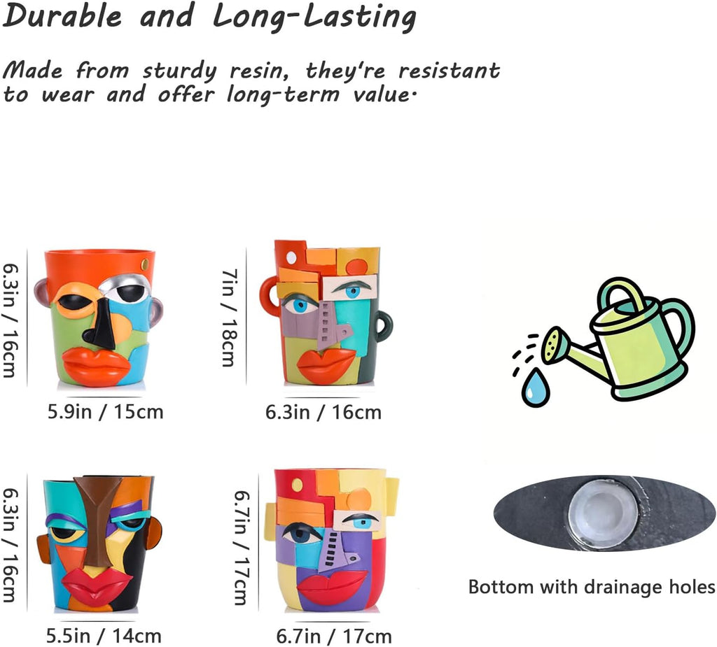Abstract Face Planter Pot, Modern Face Planter for Indoor Plants, Colorful Cubist-Inspired Resin Plant Pot for