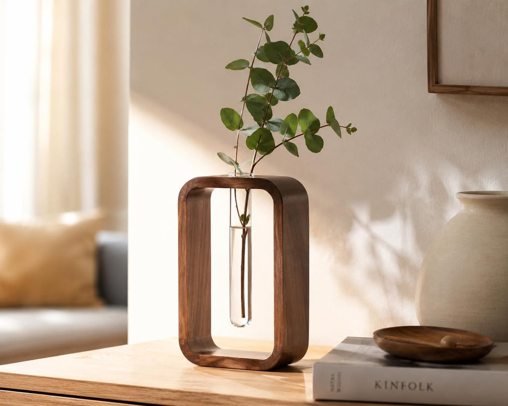 Modern Wooden Frame Glass Vase Hydroponic Planter – Minimalist Square Propagation Station with Test Tube Vase – Indoor