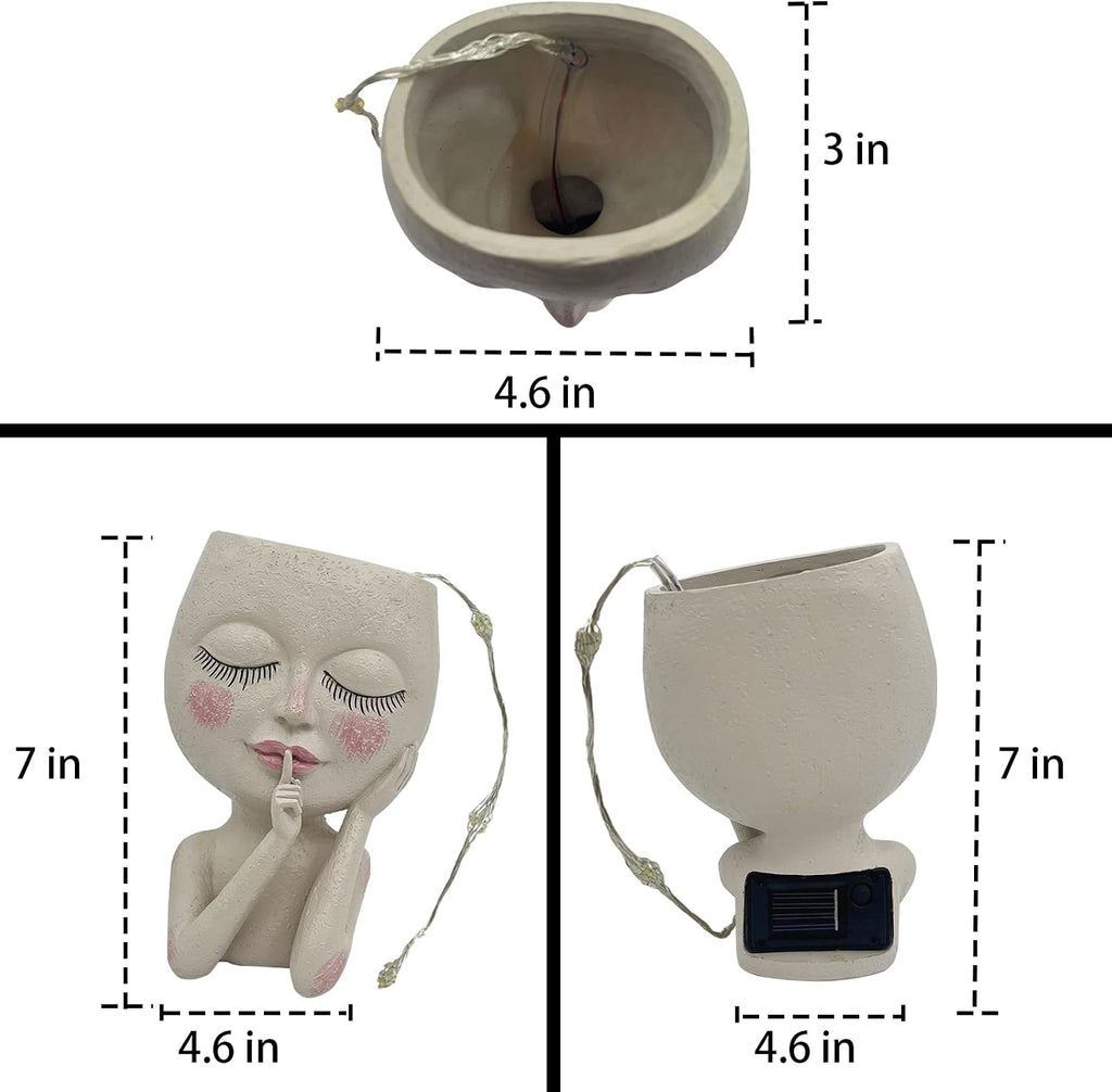 Cute Face Head Planter Pot With Solar Led String Lights & Drainage Hole | Warterproof, Long Lasting Resin Material