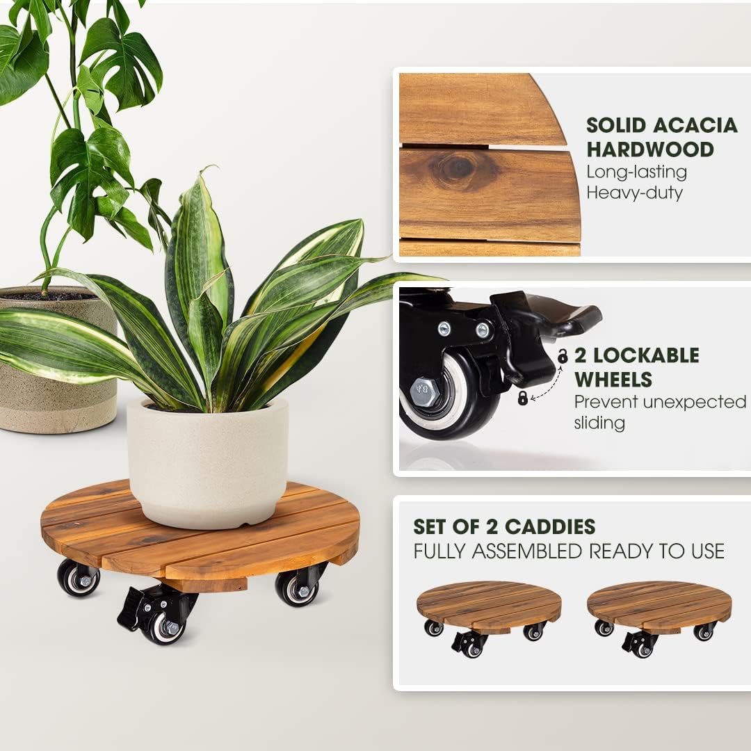 2pack 12inches Wood Plant Caddy with Wheels Heavy Duty, 264 Lbs Capacity, Acacia Hardwood Plant Dolly, Plant Stand with