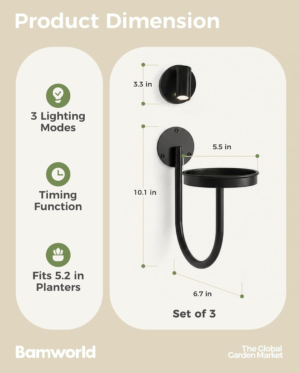 Bamworld Wall Plant Holder with Lights, Black, 3pcs | Thickened Metal, Heavy-duty, Rust Resistant, Remote Control