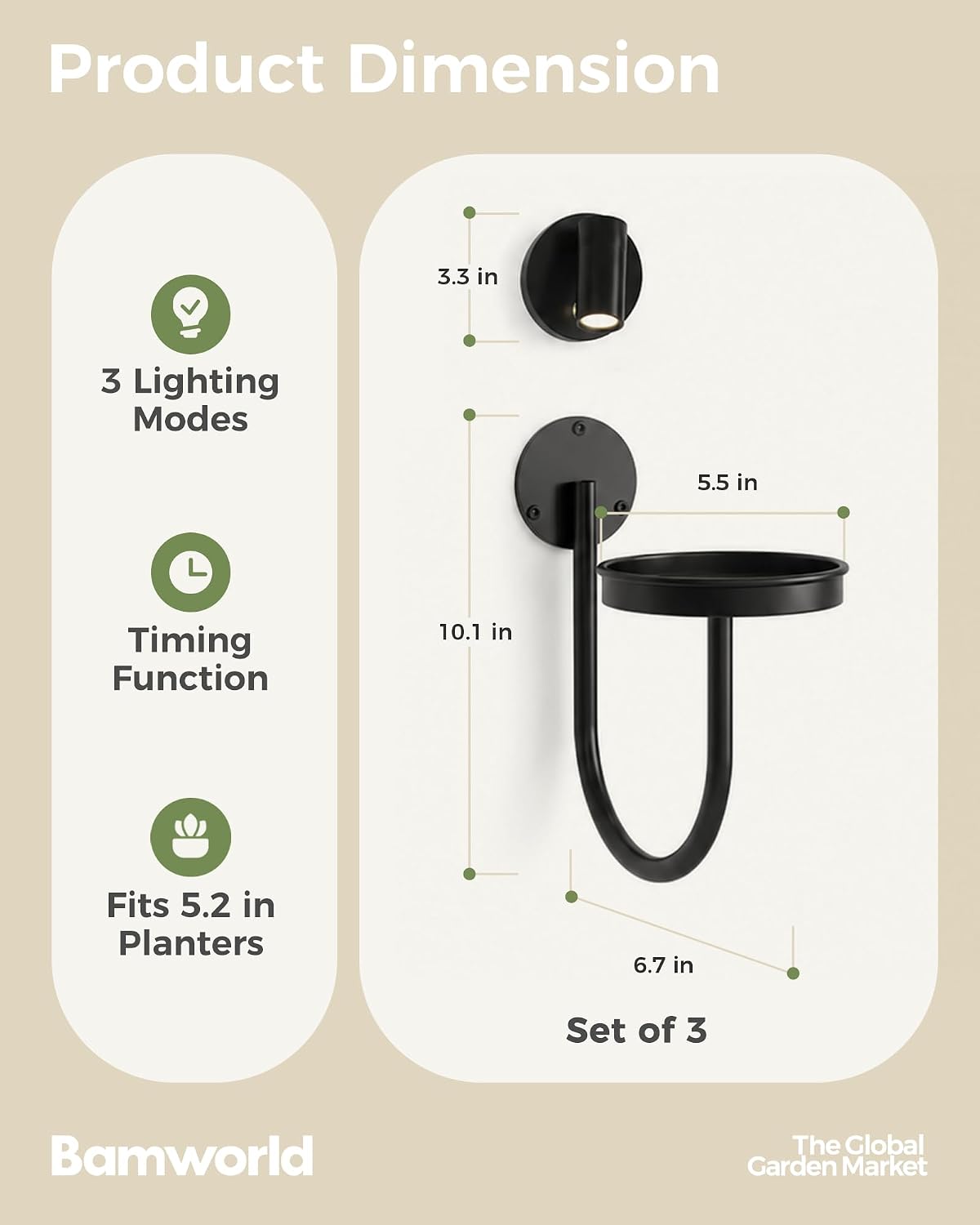 Bamworld Wall Plant Holder with Lights, Black, 3pcs | Thickened Metal, Heavy-duty, Rust Resistant, Remote Control