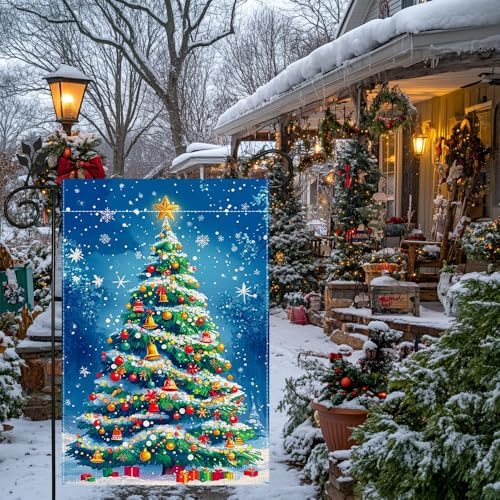 Winter Christmas Tree Garden Flag for Outside, Snowflake Xmas Ball Welcome Christmas Yard Flag 12x18 Inch Double Sided Burlap Holiday Farmhouse Home Decoration Outdoor Flag