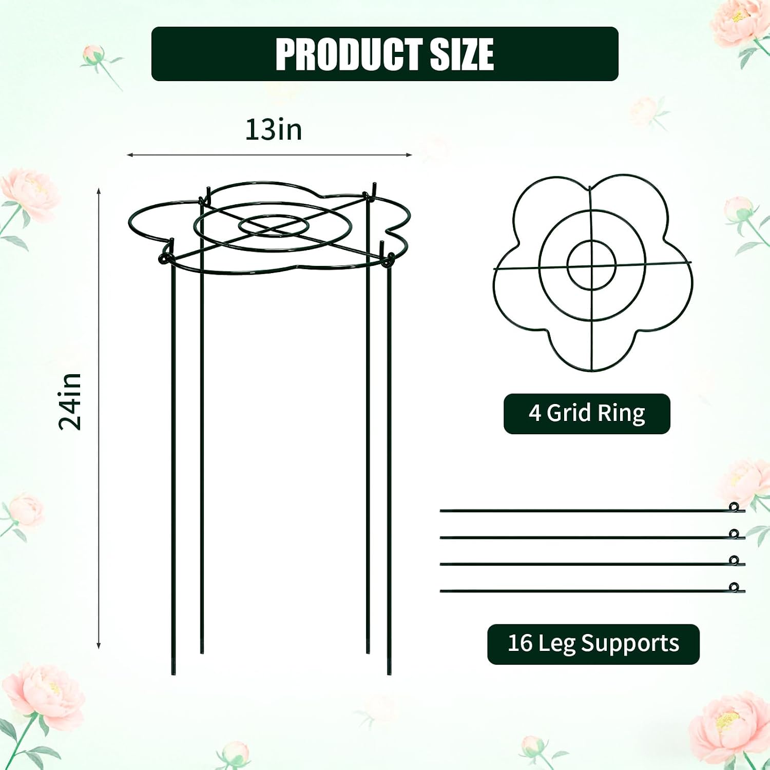 Peony Cages and Supports 4 Pack, 13" Dx24 H Grow Through Plant Supports, Heavy Duty Metal Plant Support Cage for