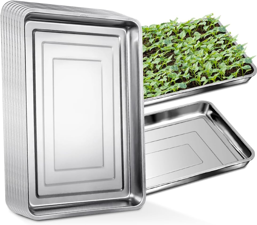 RooTrimmer 10 Pack Large Stainless Steel Seedling Trays, Heavy Duty Metal Water Catch Trays for Nursery Pots