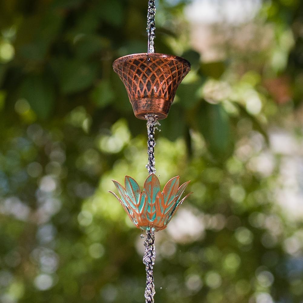 10.2ft Lotus Rain Chains for Outside Gutters, Eaves, Drainage | 16 Cups, Metal Rain Chain, Adjustable Length