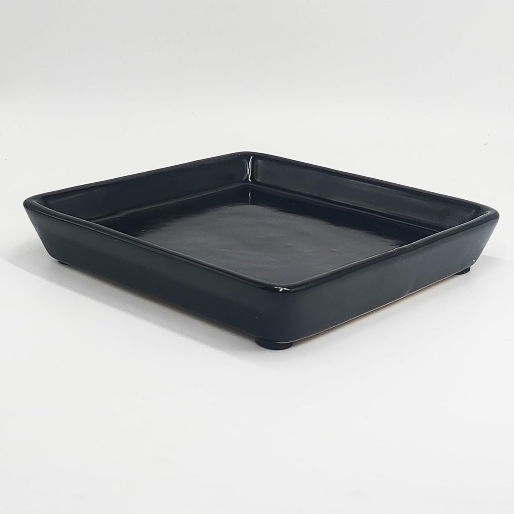 Square Ceramic Plant Saucer Tray 2 Pcs 5 6 Inch Black, 6.6" OD x5.5 ID x1.1 Deep, Sturdy Heavy Duty Glazed Planter Drip