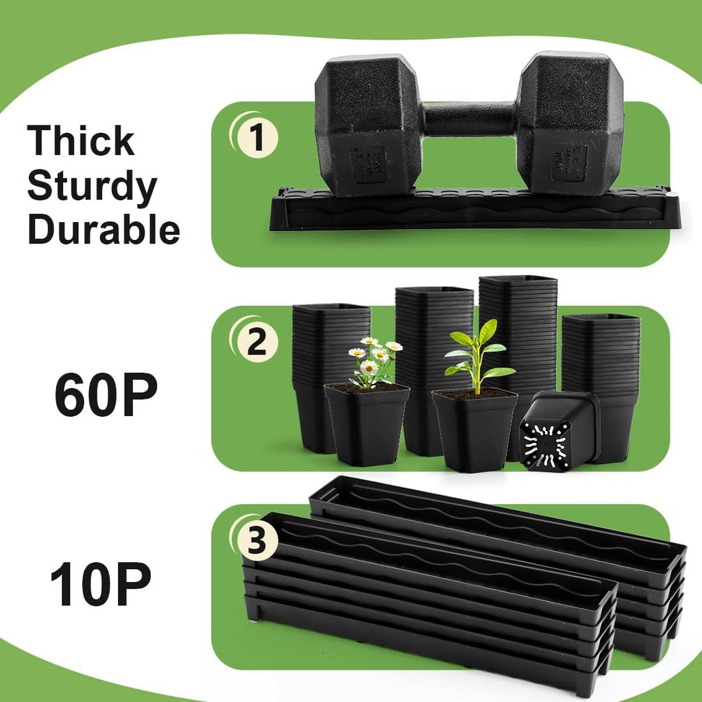 RooTrimmer 10 Pack Plastic Windowsill Saucer with 2.8 inch (7CM) Square Nursery Pots 60pcs, Rectangular Window Sill