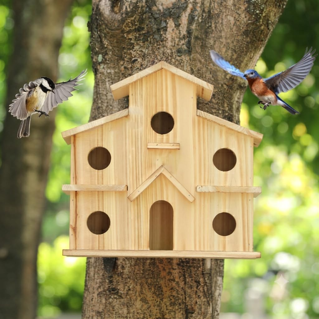 Bird Houses for Outside, 6-Holes Multi-Chamber Birdhouse for Finches Wrens Chickadees, 1.37" Entrance Holes, Decorative