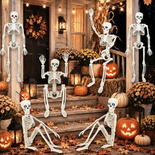 6 Pack 16" Halloween Skeleton Decor with Eyes & Box (White)